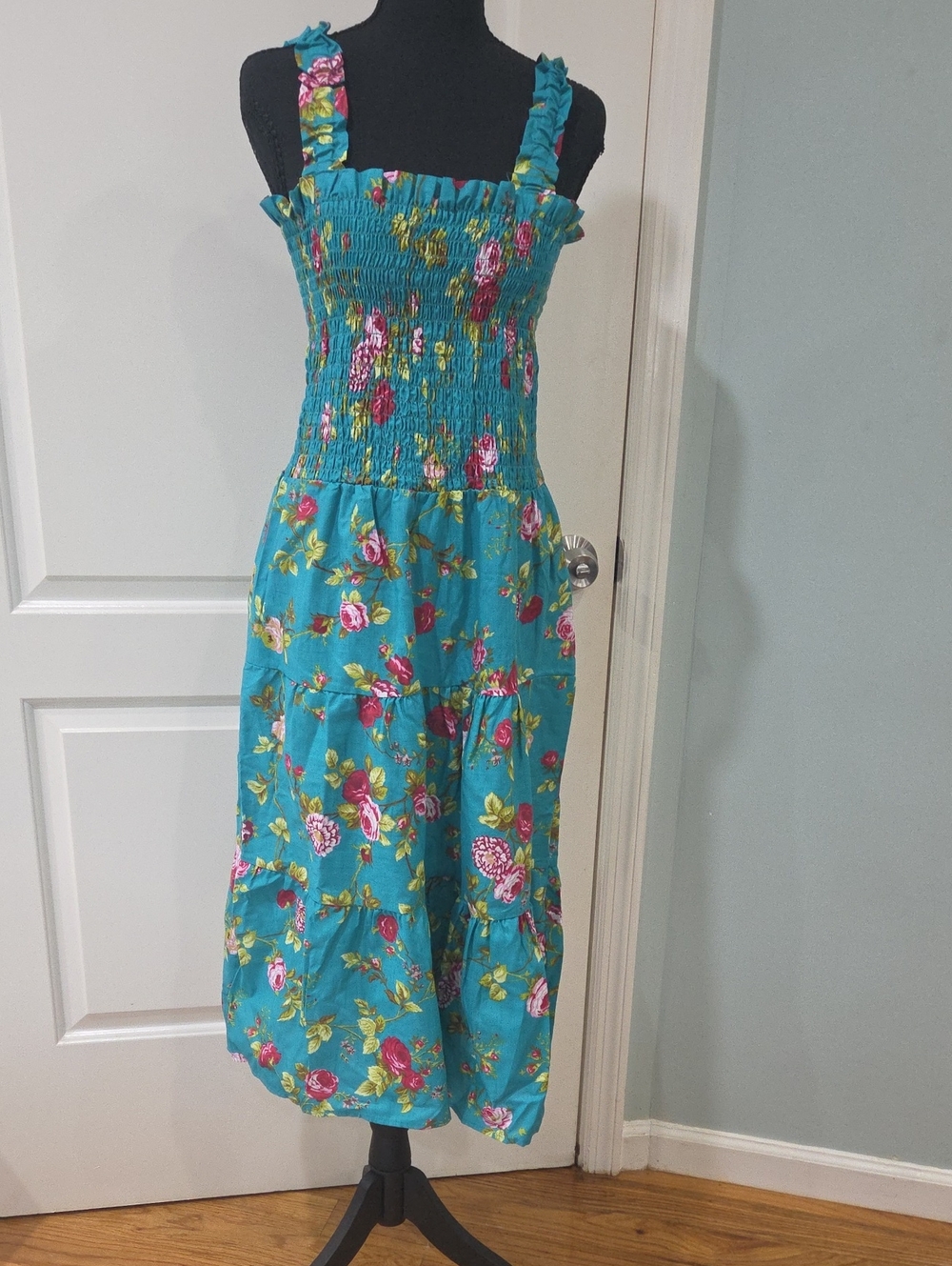 Morgan Taylor Turquoise Floral Smocked Midi Dress